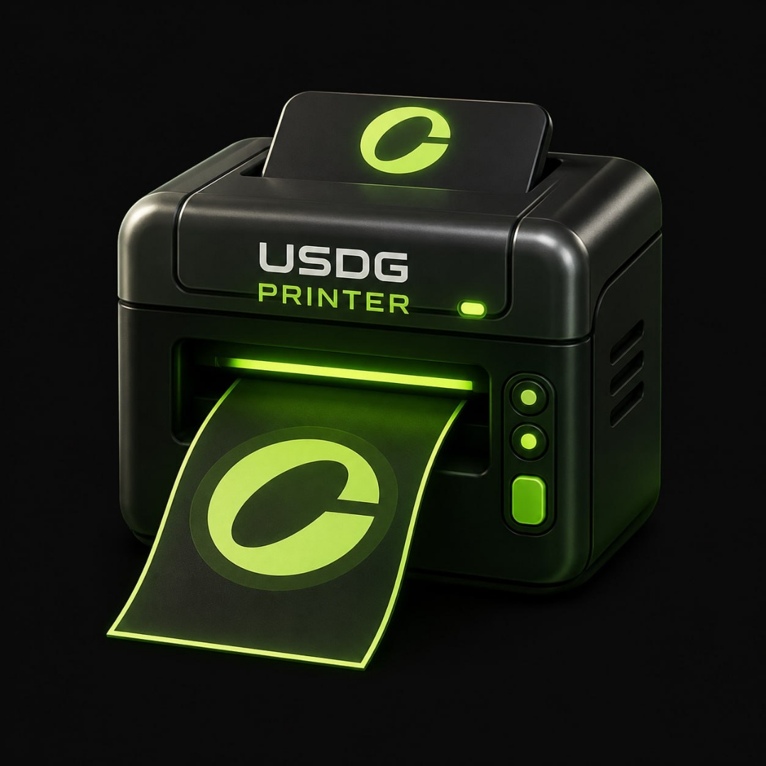 The USDG Printer — a sleek black 3D printer with a glowing green logo, printing the USDG Printer mark
